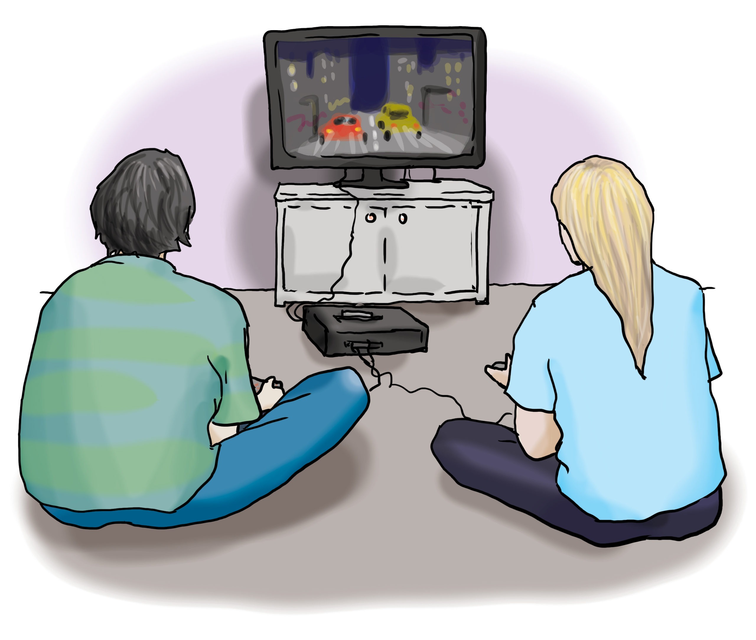Das Bild zeigt zwei Personen, die an einer Spielekonsole spielen.