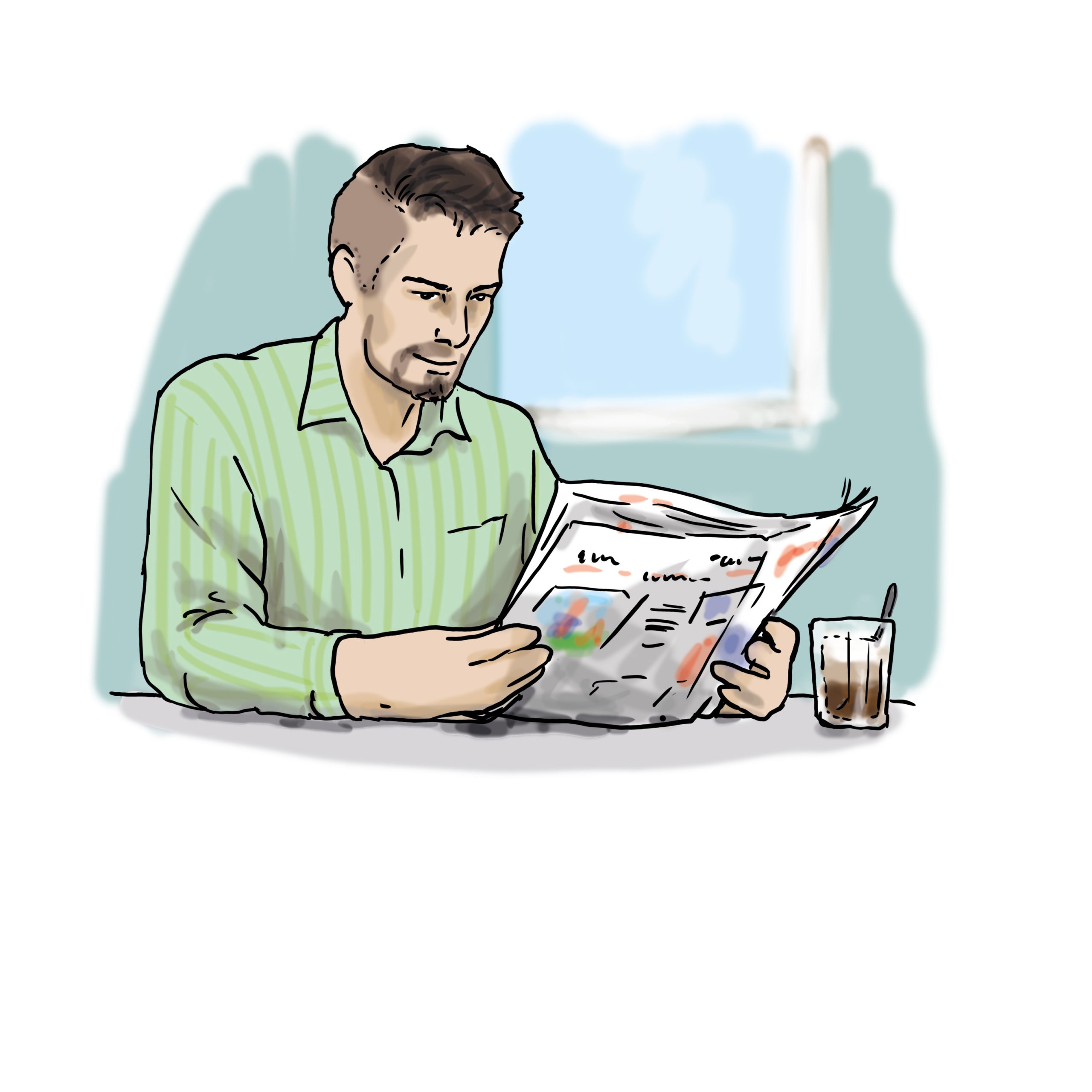 Das Bild zeigt einen Mann, der Zeitung liest.
